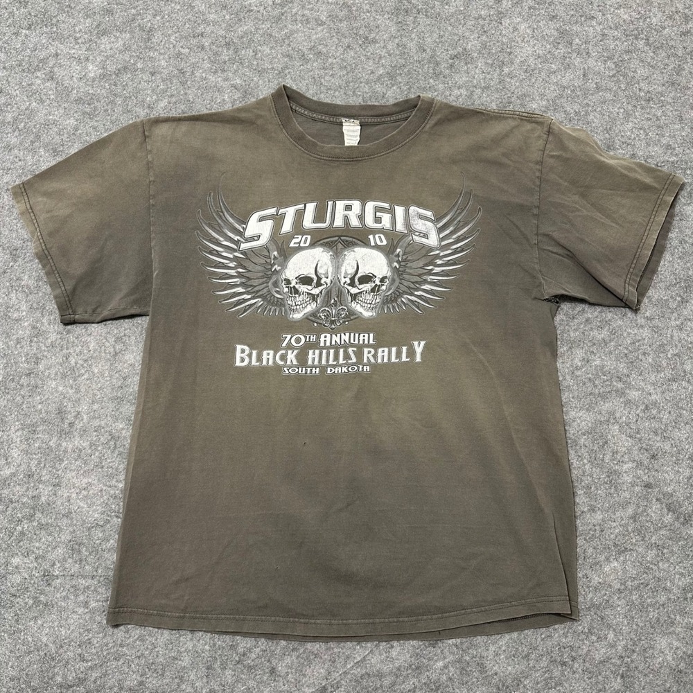 Delta Sturgis Graphic‎ T-Shirt Mens XL Brown Faded Y2K Biker Rally Skulls Wings